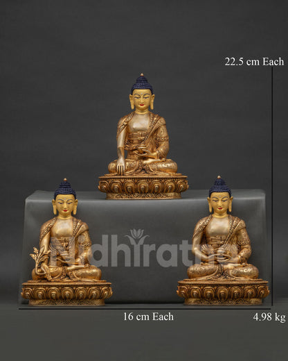 Three Buddha Set Gold Gilded Nepalese Buddhist Statues Amitabha Shakyamuni Medicine Buddha.