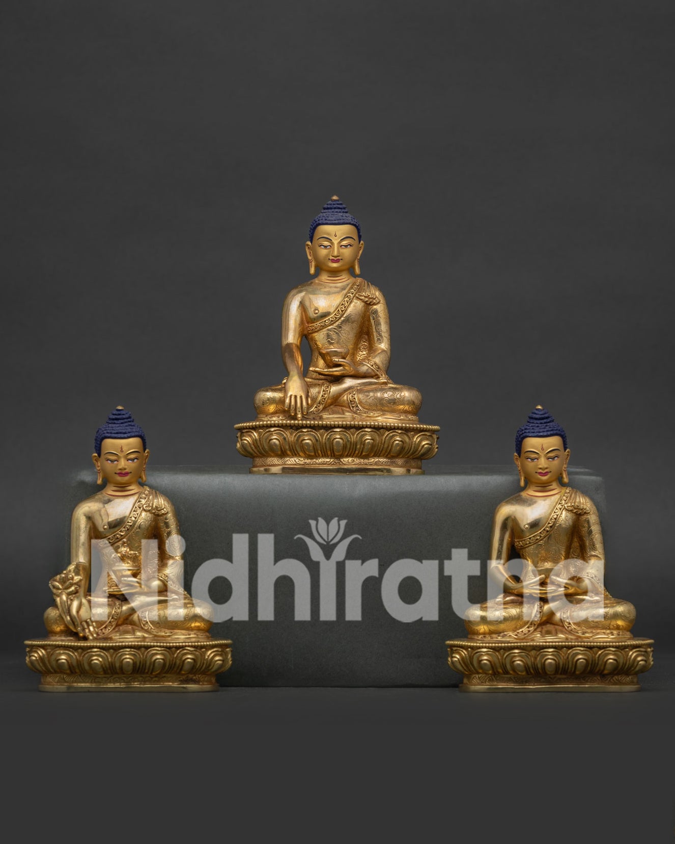 Three Buddha Set Statue handcrafted in Nepal with 24K gold fire gilding and intricate floral motifs