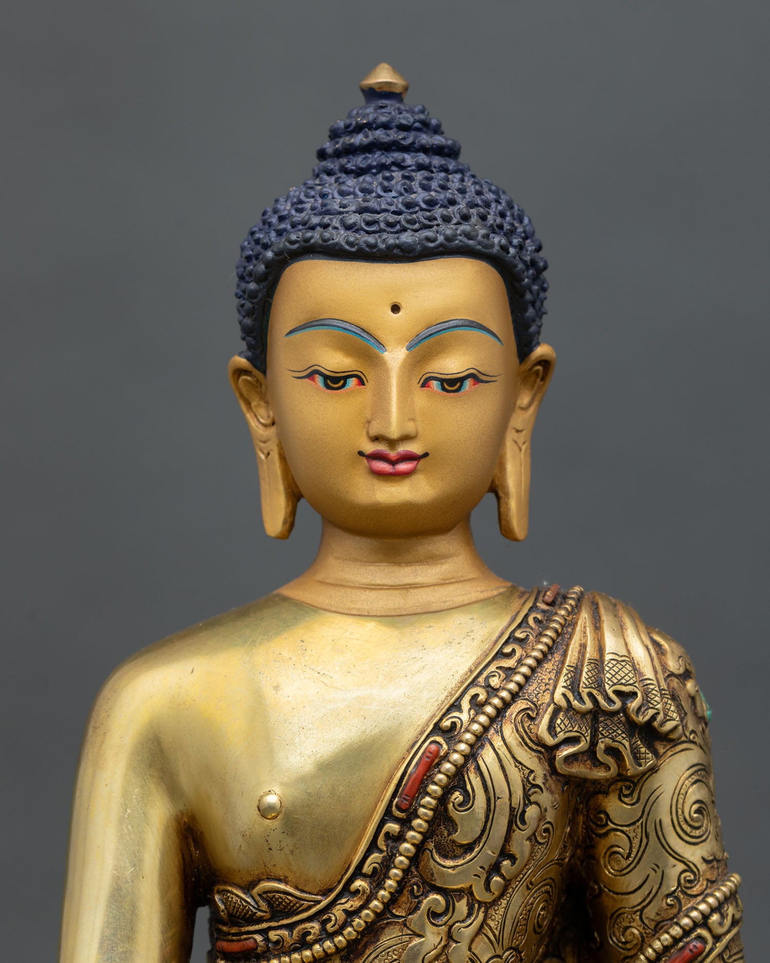 three buddha set close-up view, handcrafted nepalese copper statues with 24k gold gilded details