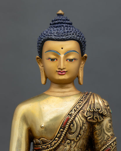 three buddha set close-up view, handcrafted nepalese copper statues with 24k gold gilded details