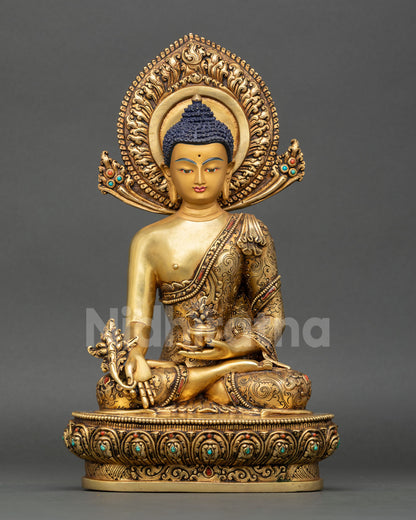 three buddha set left side view nepalese buddhist altar sculpture trio in copper and gold finish