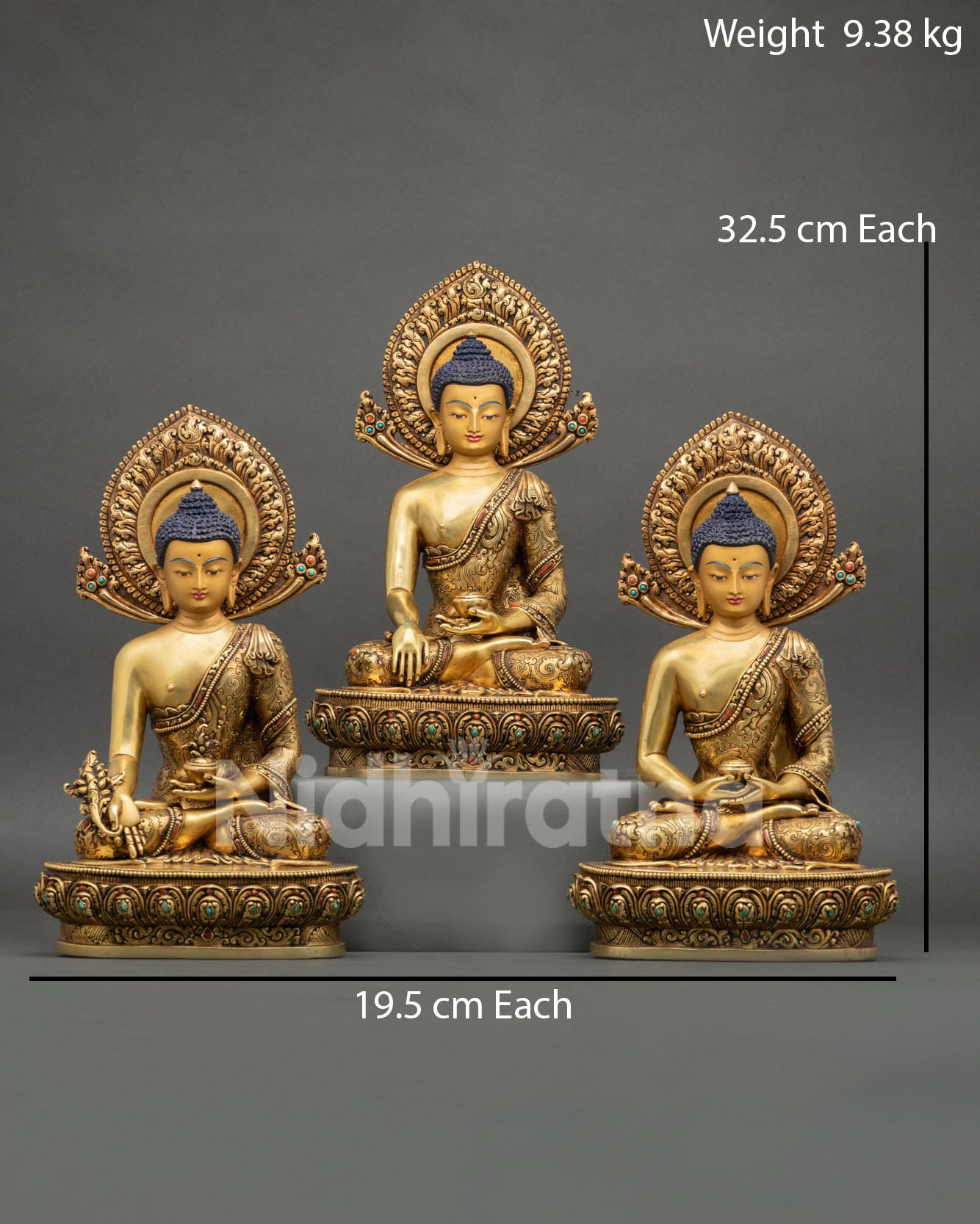 three buddha set, medicine buddha shakyamuni amitabha statues, nepal copper 24k gold altar sculpture