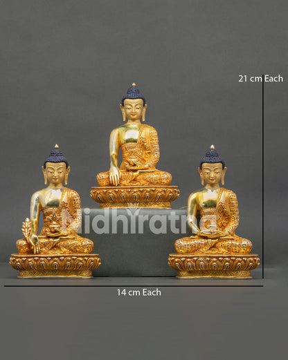 Three Buddha Statue Collection Handmade in Nepal 24K Gold Fire Gilded Buddhist Art Shakyamuni Buddha.