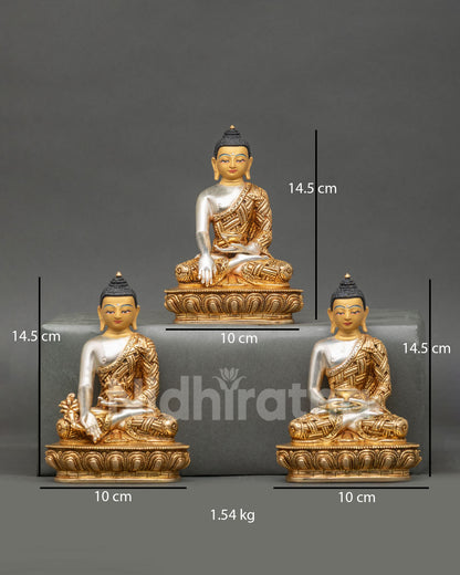 Three Buddha statue set front view Shakyamuni Amitabha Medicine Buddha Nepal