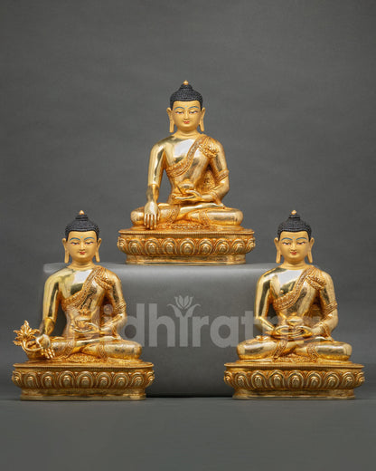 Three Buddha statue set handcrafted by Newari artisans from Patan, Nepal, showcasing copper sculptures and traditional Buddhist craftsmanship.
