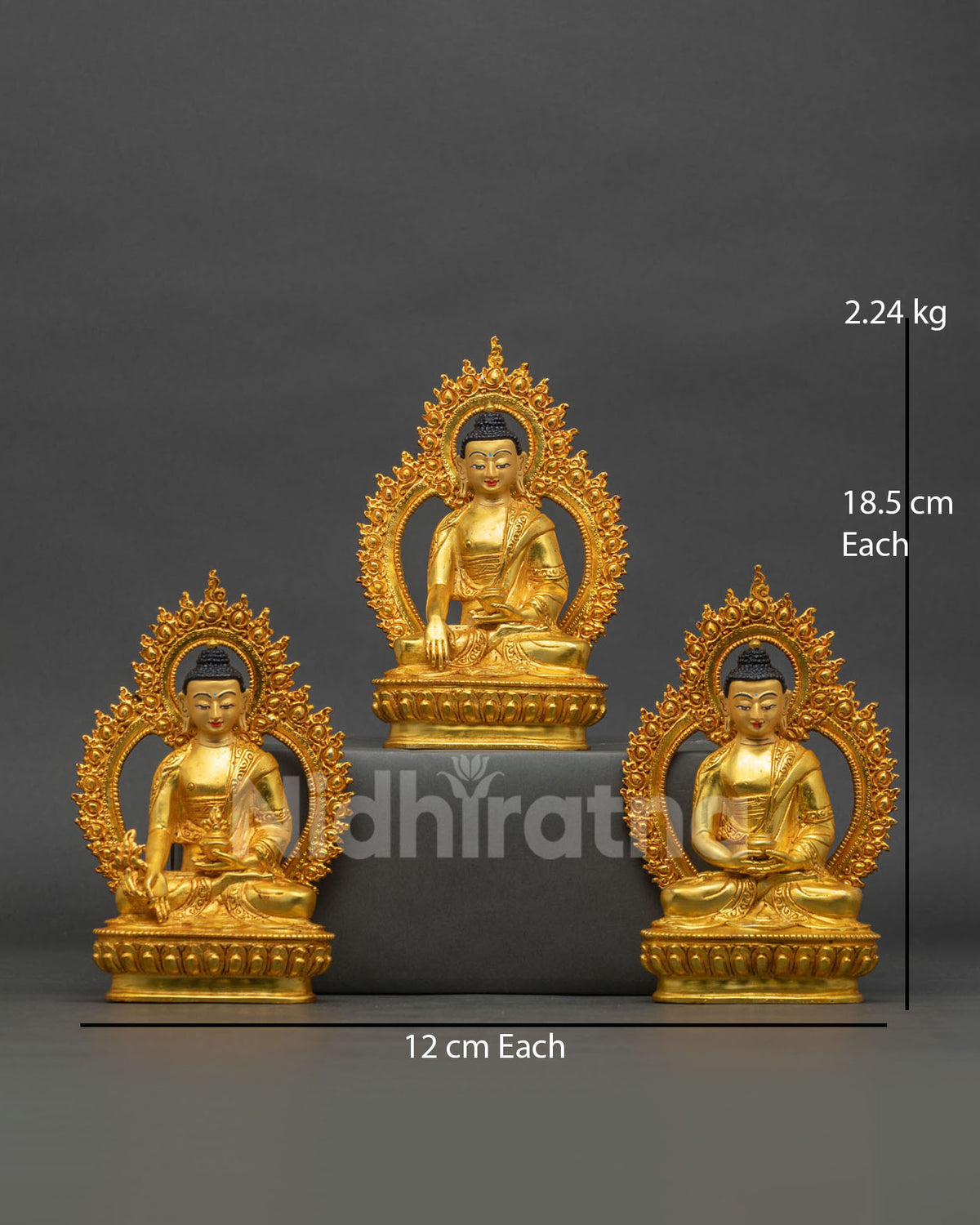 Three Buddha Statue Set Shakyamuni Medicine Amitabha 24K Gold Gilded Copper Front View.