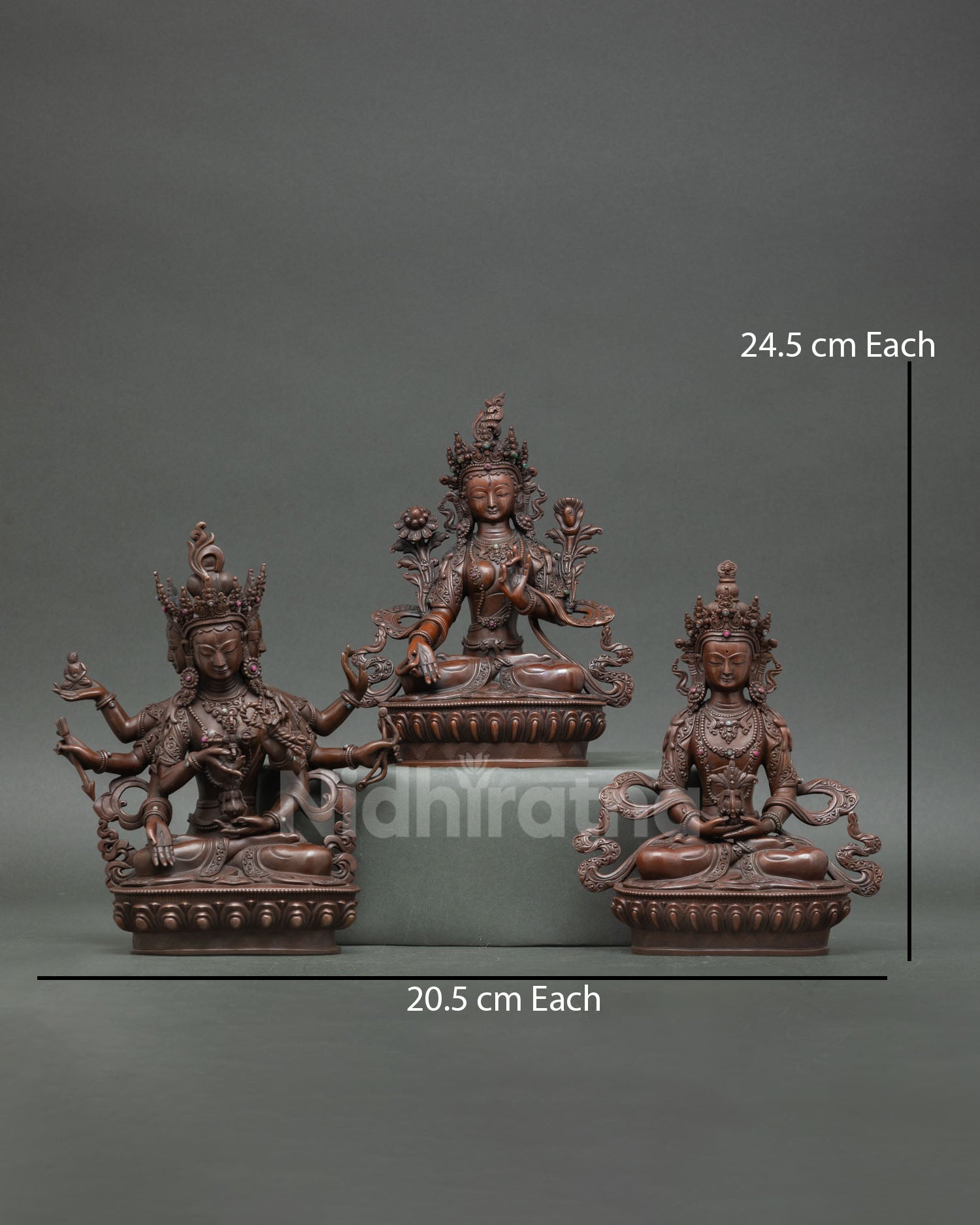 Front view of Three Long Life Deities statue set handcrafted in Nepal in oxidized copper with White Tara Namgyalma and Amitayus for Buddhist altar and spiritual decor