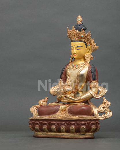 Three-quarter view of Amitayus Buddha statue on hand-carved lotus pedestal base