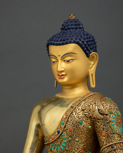 Three-quarter view of Buddha statue showing gold face and jeweled shoulder robe