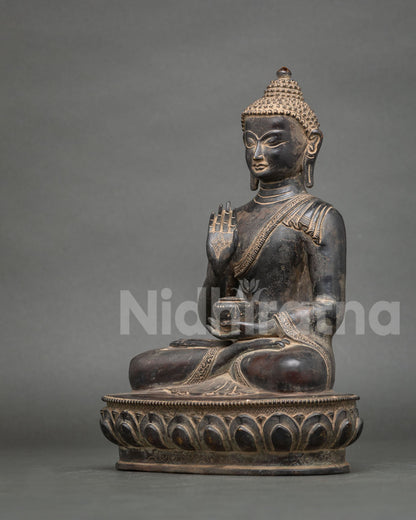 Three-quarter view of oxidized Amoghasiddhi Buddha statue with raised abhaya mudra hand on lotus base