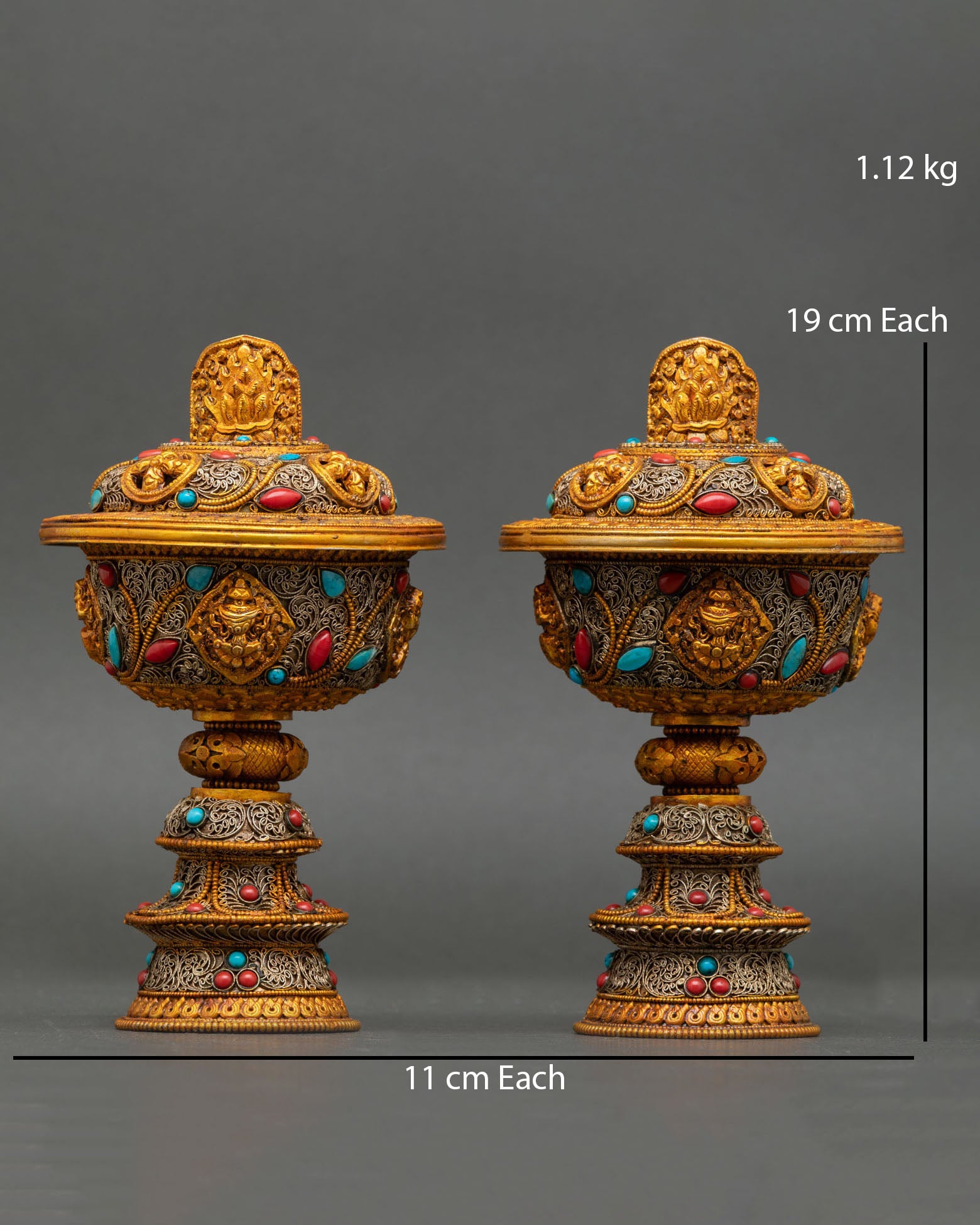 Tibetan Buddhist butter lamp set pair gold-gilded copper with turquoise and coral stones, 19cm, handcrafted Nepal