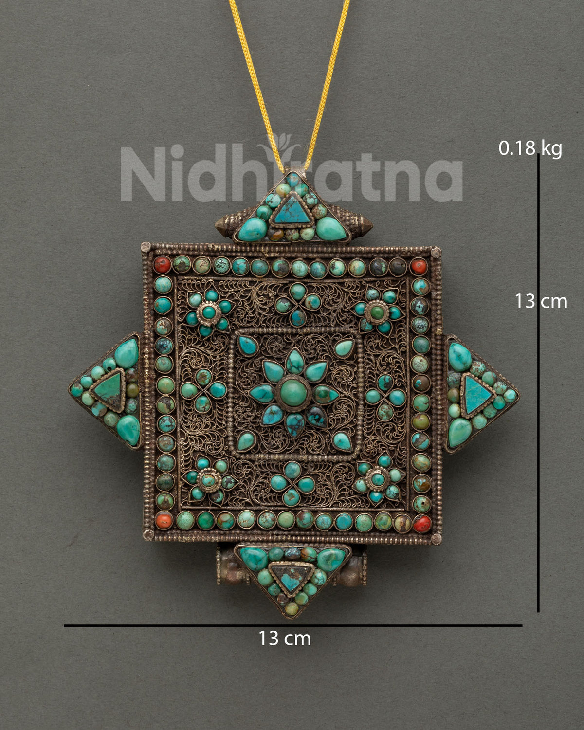 Tibetan Buddhist Ghau Mala with turquoise coral and geometric details