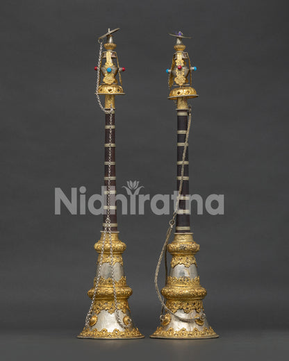 Tibetan Buddhist Gyaling Instrument Adorned with Coral and Turquoise Semi Precious Stones