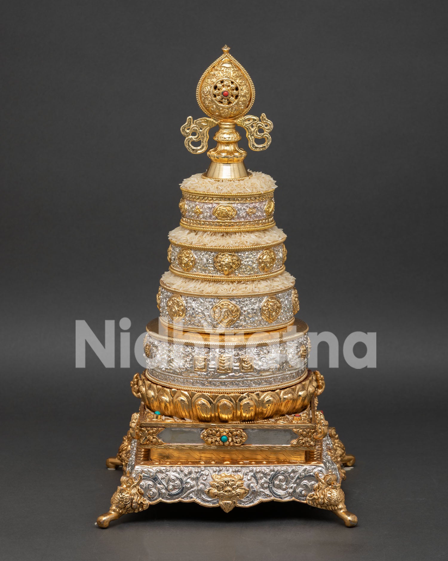 Tibetan Buddhist Mandala with Dharma Wheel Finial and Turquoise Stone Detail