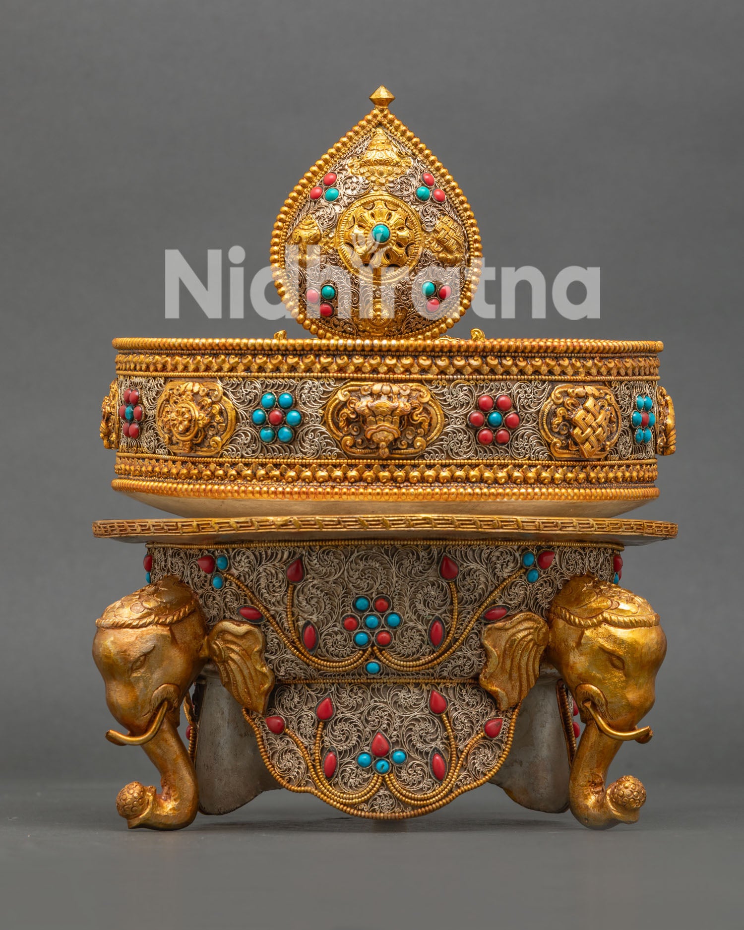 Tibetan Buddhist Mandala with filigree design and engraved auspicious symbols