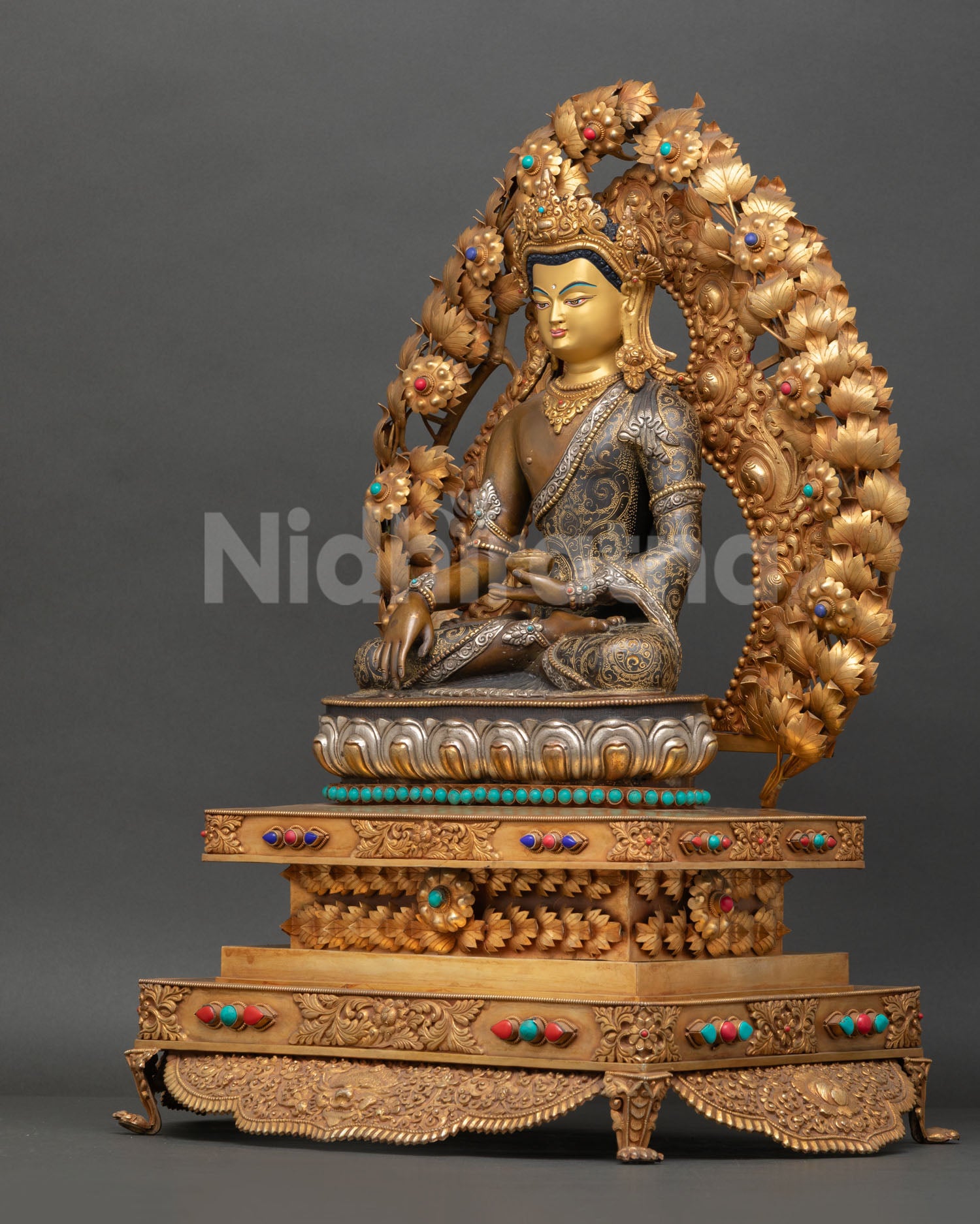 Tibetan Buddhist Shakyamuni Buddha Statue seated on lotus pedestal with gemstone accents