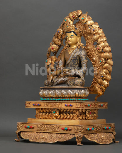 Tibetan Buddhist Shakyamuni Buddha Statue seated on lotus pedestal with gemstone accents