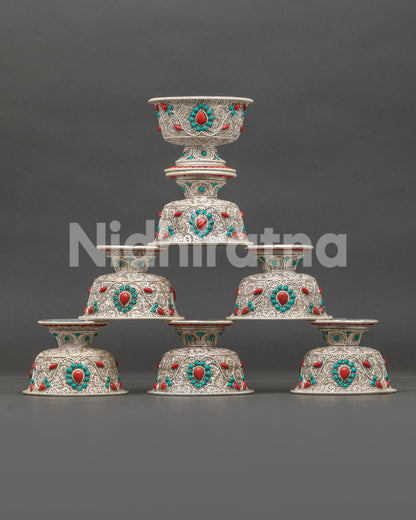 Tibetan Buddhist Silver Water Offering Bowl for Shrine and Altar Rituals
