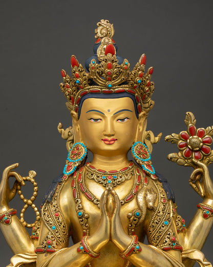Tibetan Chenrezig statue close up showing intricate jewelry, lotus seat, and handcrafted Himalayan details