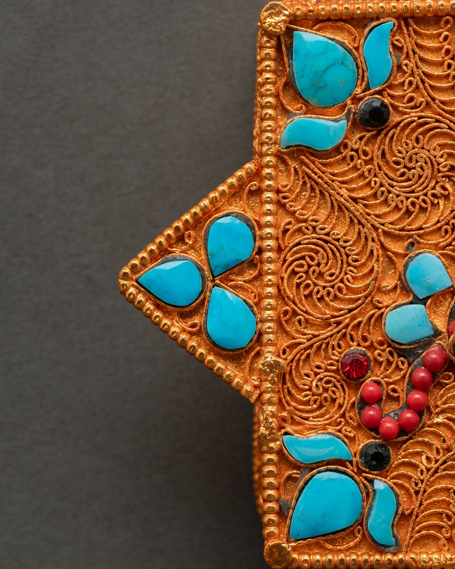 Tibetan Ghau Box with gold plated filigree and turquoise coral inlays