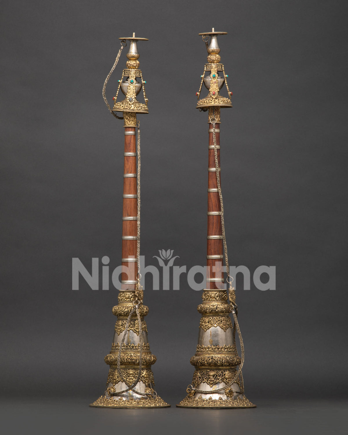 Tibetan gyaling set with coral and turquoise stones and engraved auspicious Buddhist symbols