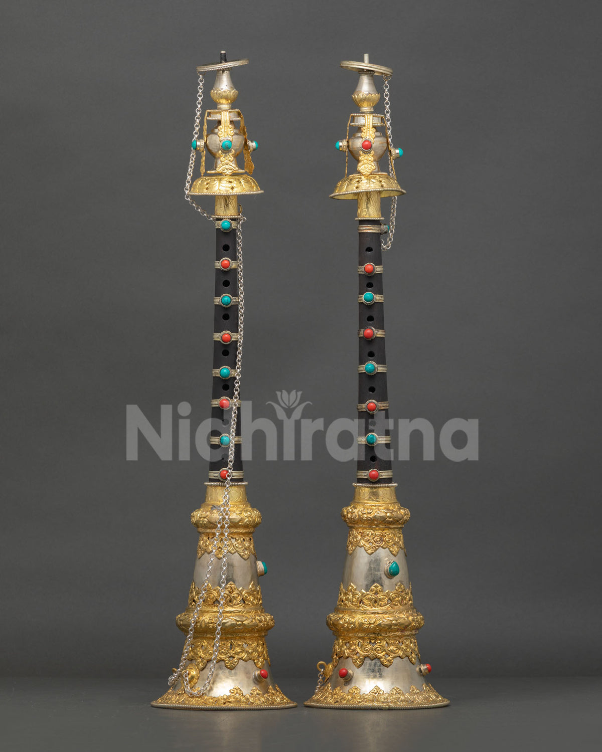 Tibetan Gyaling Set with gold plated and silver plated copper finish