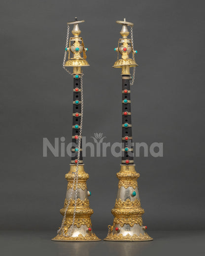 Tibetan Gyaling Set with gold plated and silver plated copper finish
