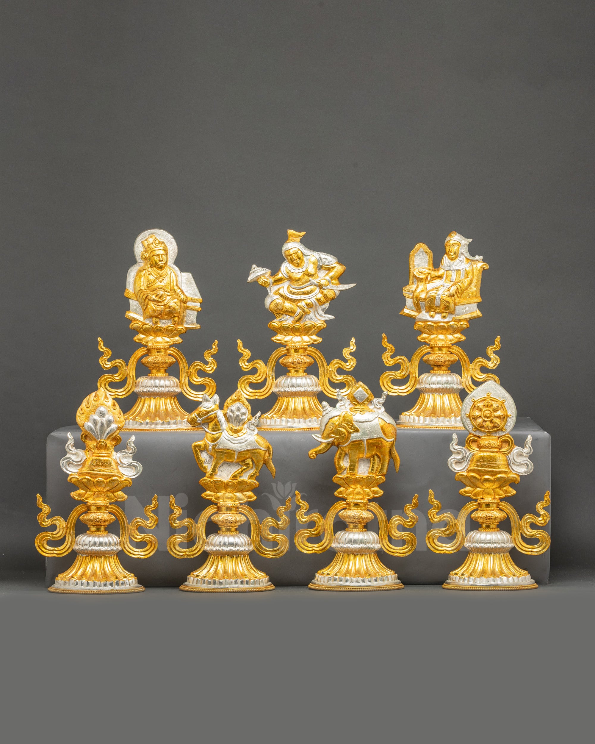 Tibetan King and Queen Ceremonial Symbol Set handmade copper gold gilded silver plated Nepal