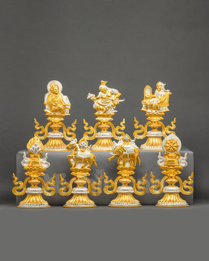 Tibetan King and Queen Ceremonial Symbol Set handmade copper gold gilded silver plated Nepal