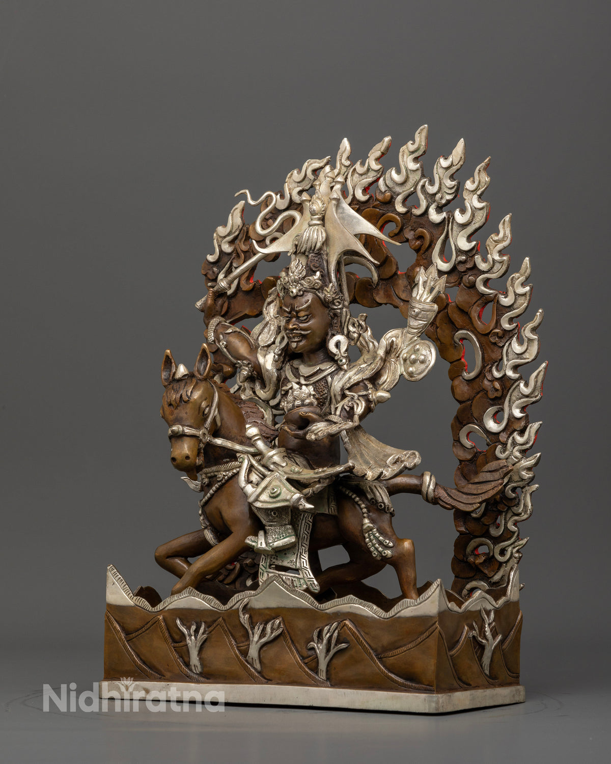 Tibetan King Gesar Warrior Statue with Chemically Oxidized Silver Finish.