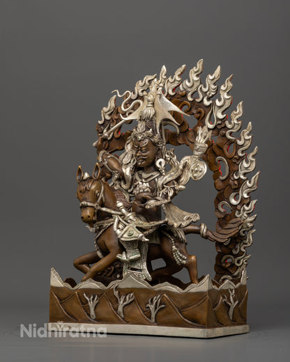 Tibetan King Gesar Warrior Statue with Chemically Oxidized Silver Finish.