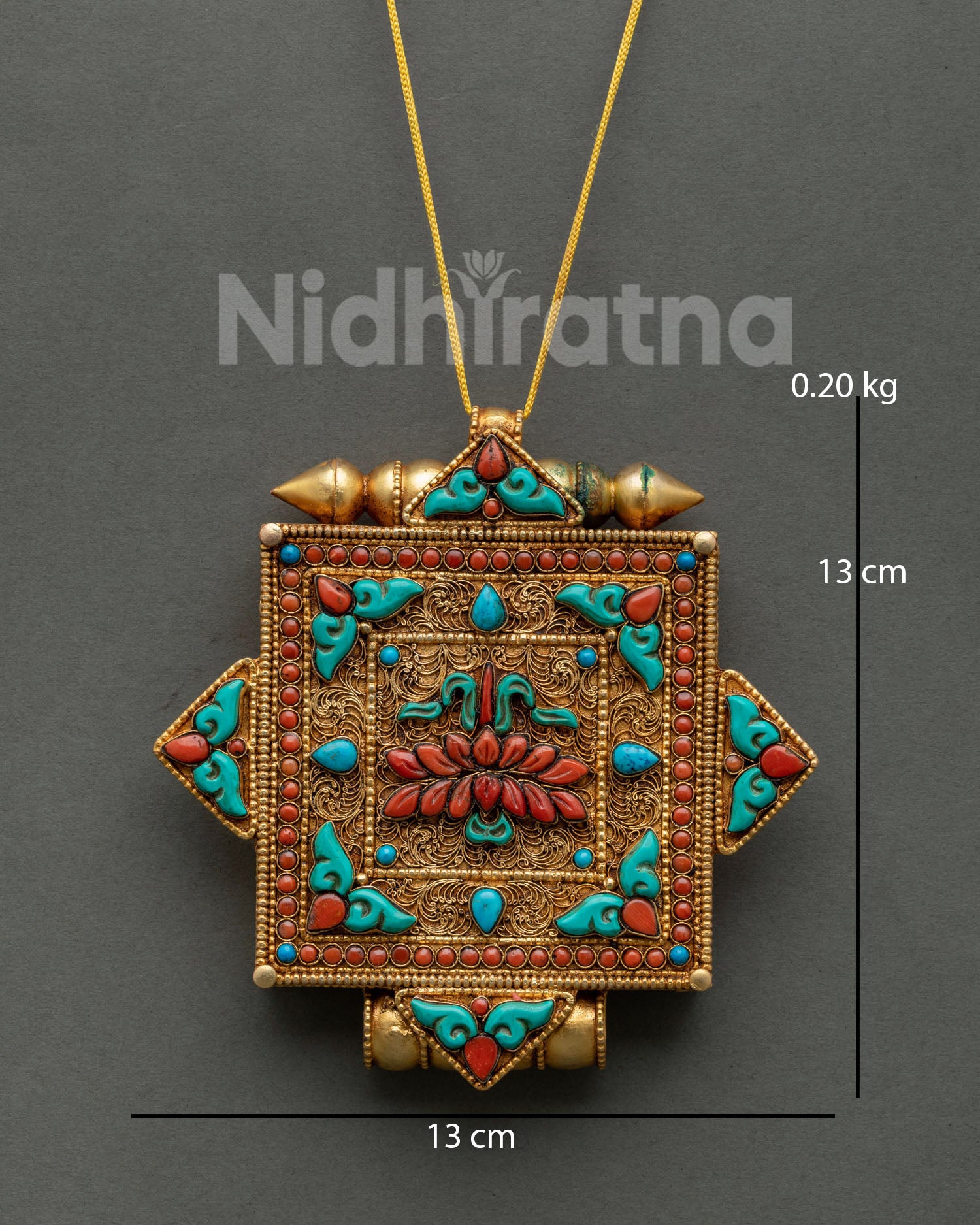 Tibetan Lotus Ghau Mala handcrafted with gold-plated copper, turquoise, and coral stones