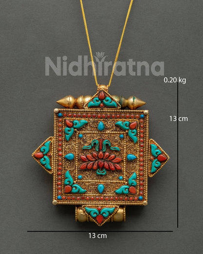 Tibetan Lotus Ghau Mala handcrafted with gold-plated copper, turquoise, and coral stones