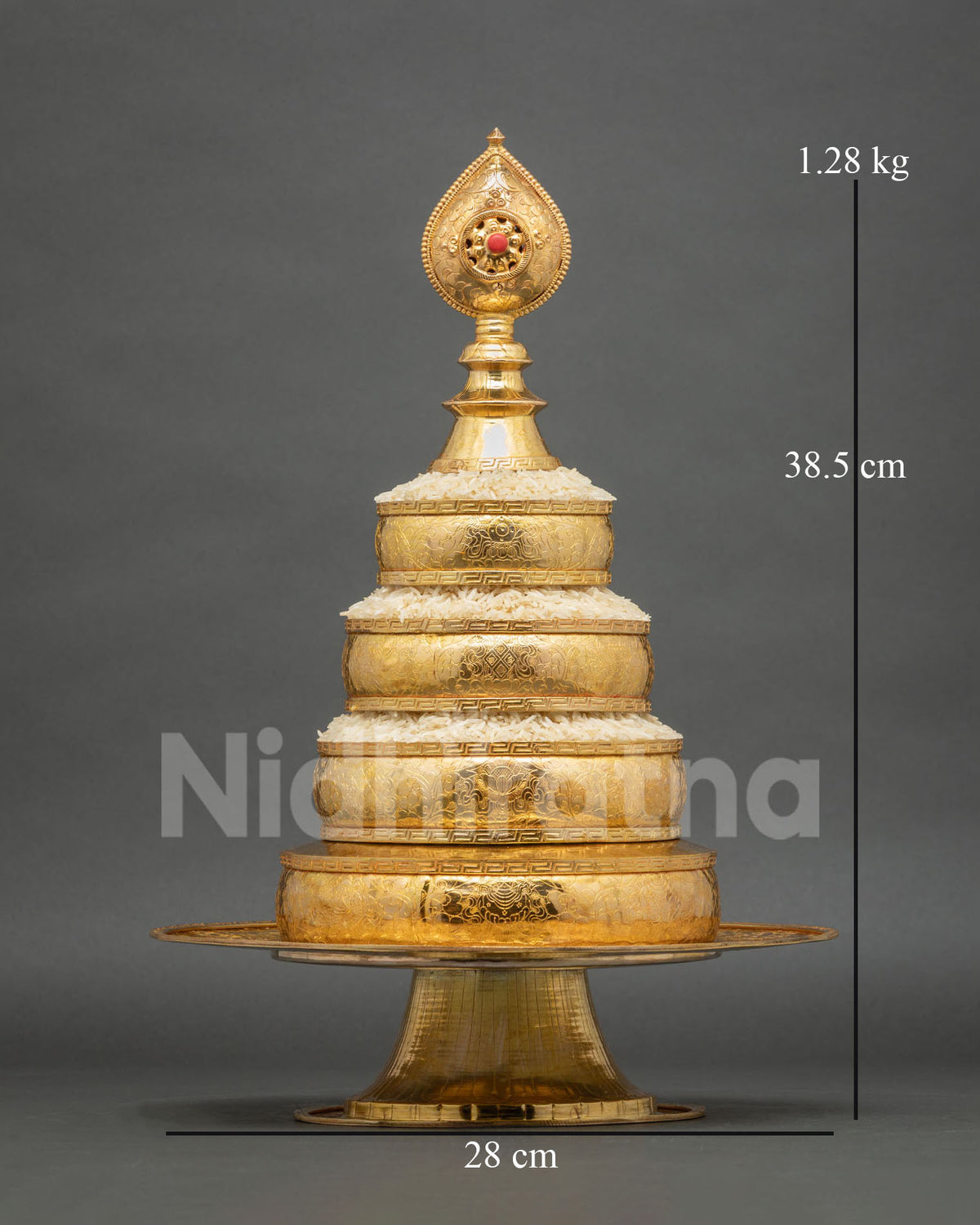 Tibetan mandala offering set handcrafted in Nepal from copper with intricate gold-plated details