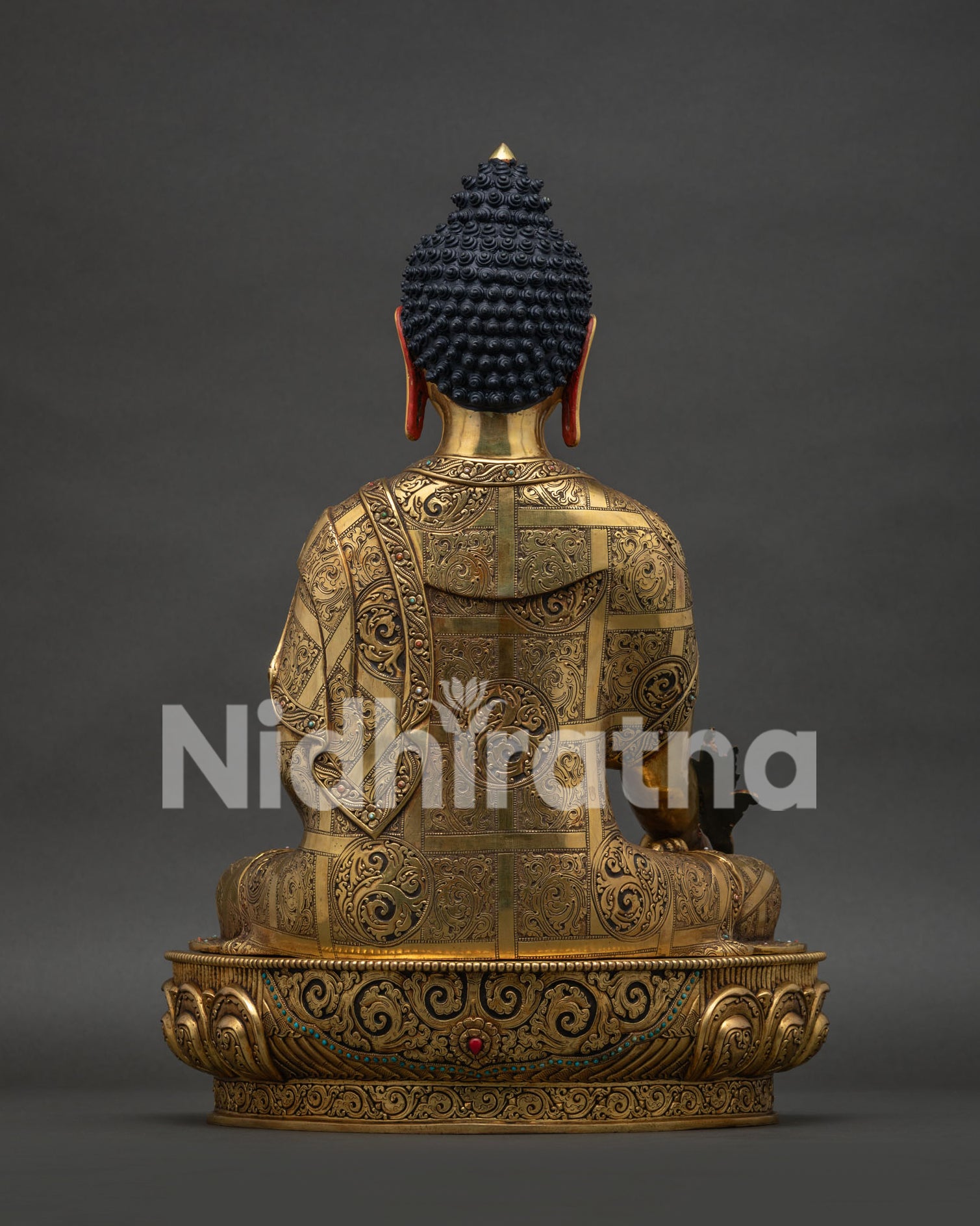 Tibetan Medicine Buddha Statue Back View | Hand-Carved 24K Gold Copper Art