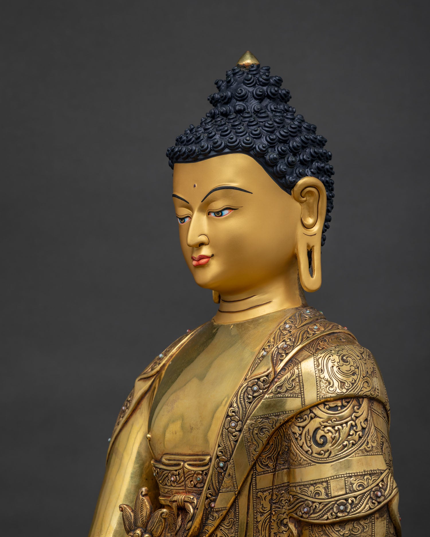 Tibetan Medicine Buddha Statue Side Close-Up | Hand-Carved Copper Robe Detail