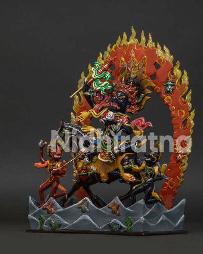 Tibetan Palden Lhamo Statue with Wrathful Attendants Kapala Ritual Knife and Sacred Symbols.