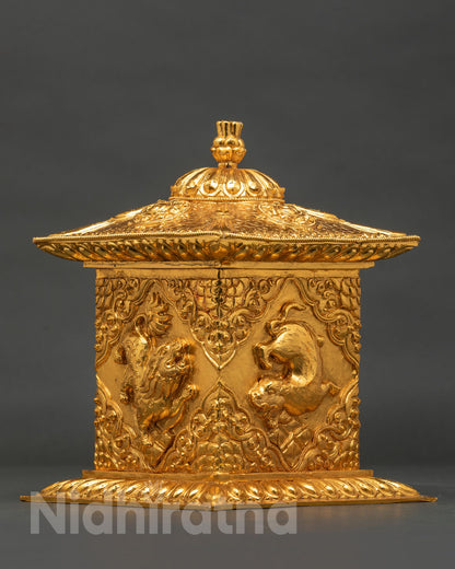 Tibetan reliquary box with four Buddhist mythical creatures and ornate Newari craftsmanship