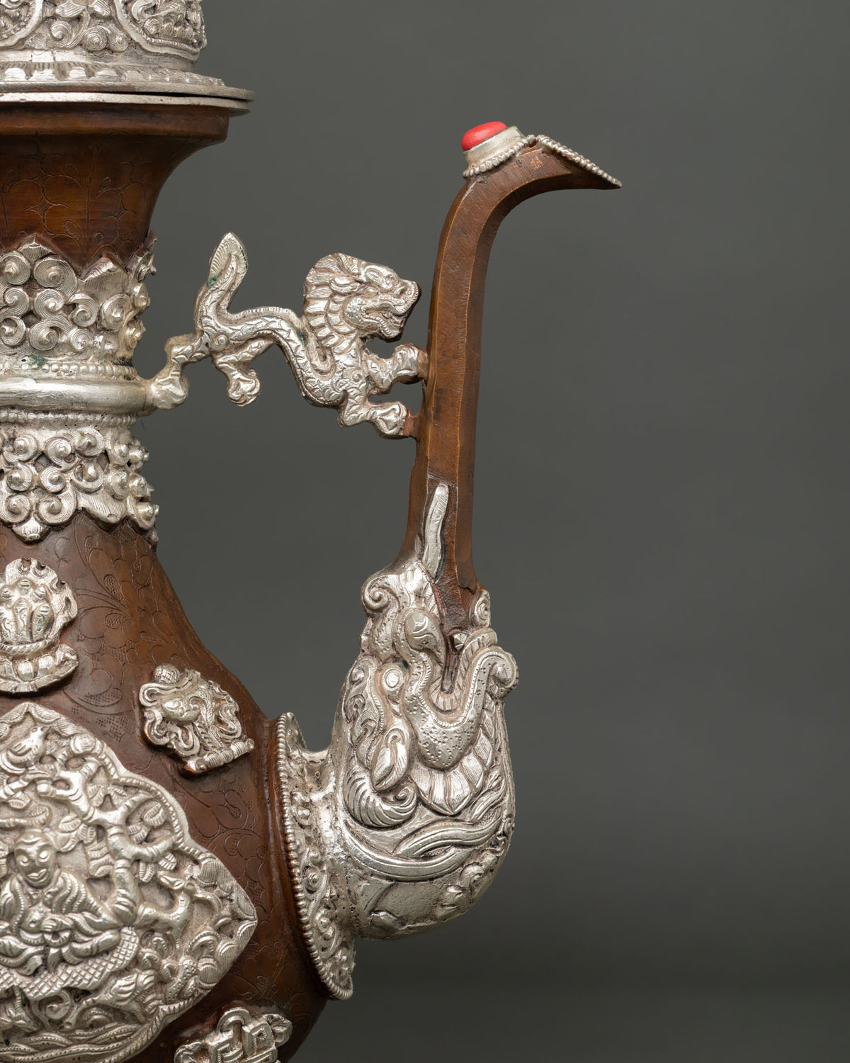 Tibetan ritual tea pot handmade by Newari artisans with ceremonial pouring spout and dragon handle