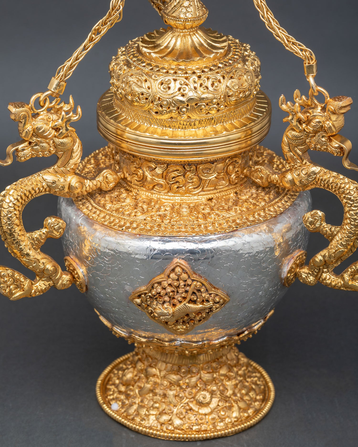 Tibetan Sangbur incense burner gold and silver plated copper ritual vessel