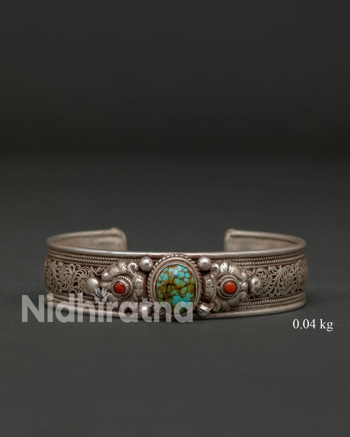 Tibetan silver bracelet with turquoise and coral semi precious stones