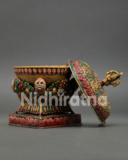 Tibetan Skull Cup with Intricate Himalayan Buddhist Artwork