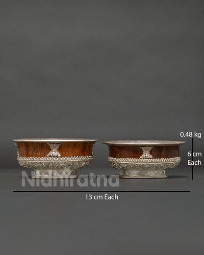 Tibetan Tsog Offering Bowl Set with silver overlay and wood detailing