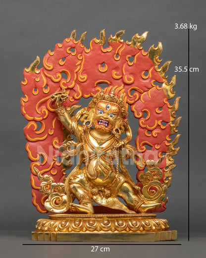 Tibetan Vajrapani statue front view, gold-gilded copper with flaming halo, handcrafted in Nepal