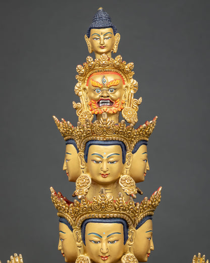 Tiered eleven heads of Chenrezig statue with peaceful faces, wrathful head and Buddha head on top