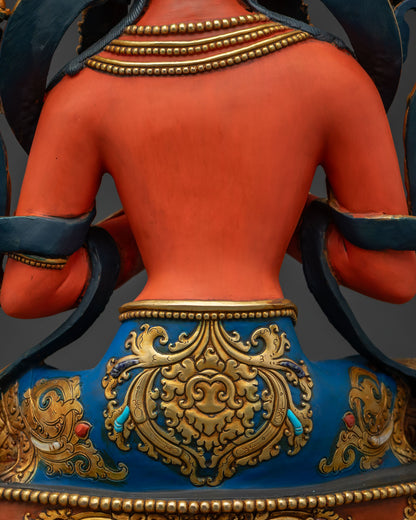 Tikshna Manjushri statue back detail, flowing ribbons and gold design