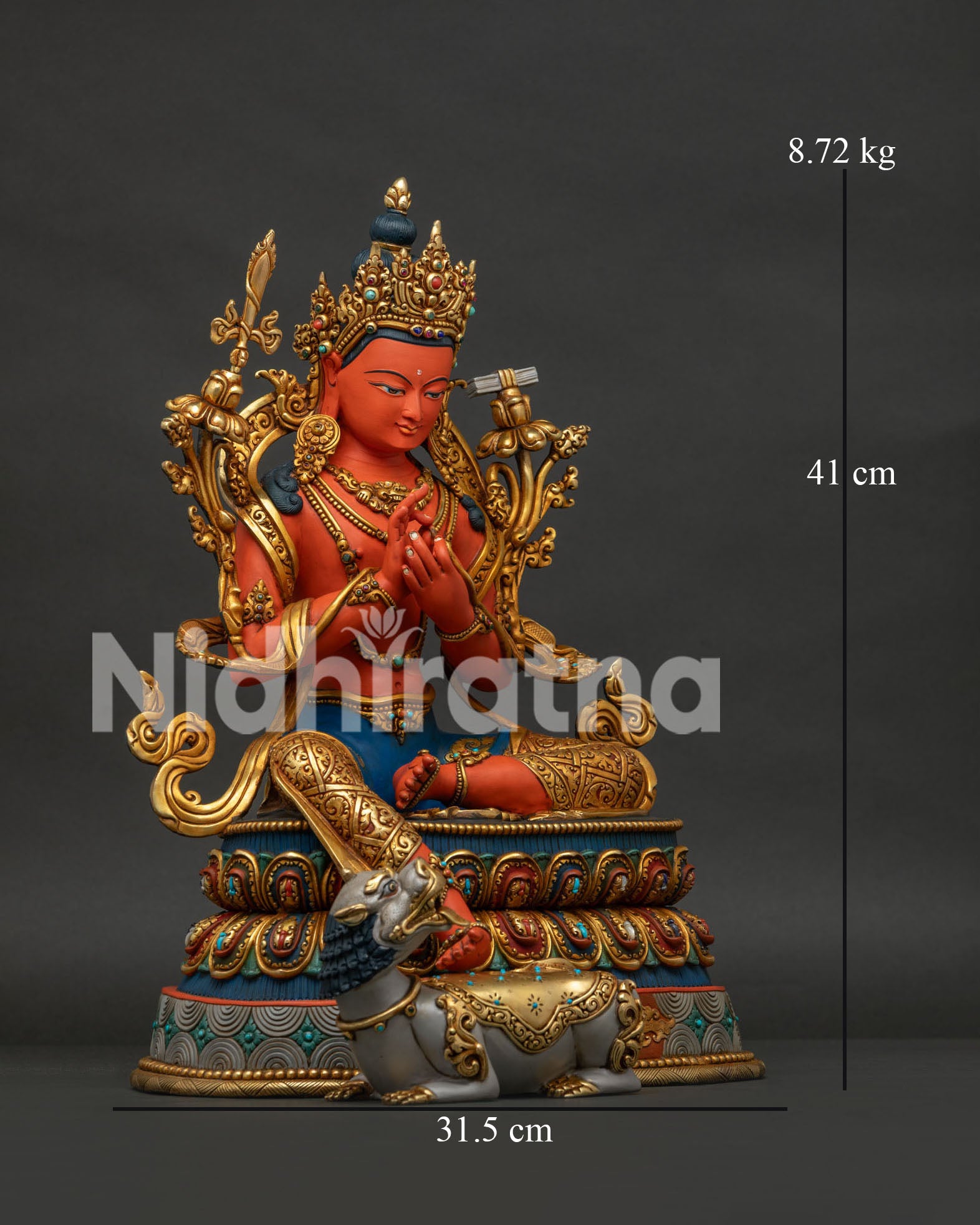 Tikshna Manjushri statue dimensions, 41cm height, solid copper Nepal handcrafted sculpture