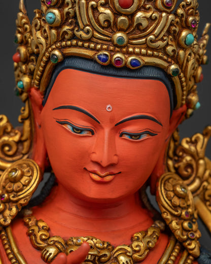 Tikshna Manjushri statue face closeup with five jeweled gold crown detail