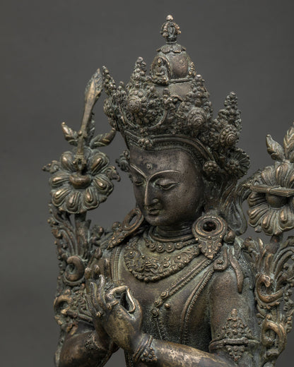 tikshna manjushri statue face details with flaming sword and sutra close up