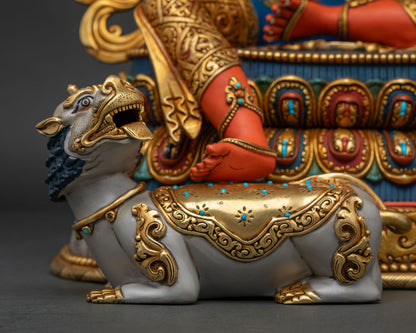 Tikshna Manjushri statue, foot resting on gold saddled snow lion detail